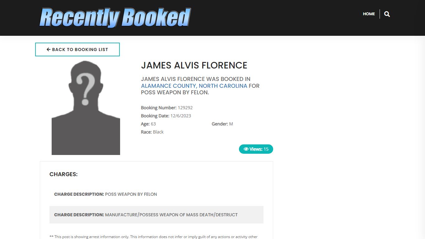 Recent Booking / Mugshot for JAMES ALVIS FLORENCE in Alamance County ...